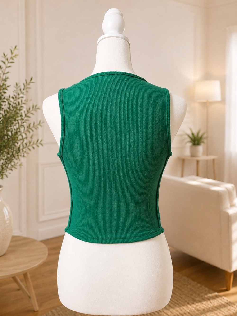 Dilvin Green Ribbed Side Ring Detail Crop Top - Picture 3 of 3